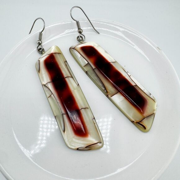 Long Red Cream White Striped Natural Stone Drop Earrings Bohemian Artisan Earthy - Picture 3 of 7